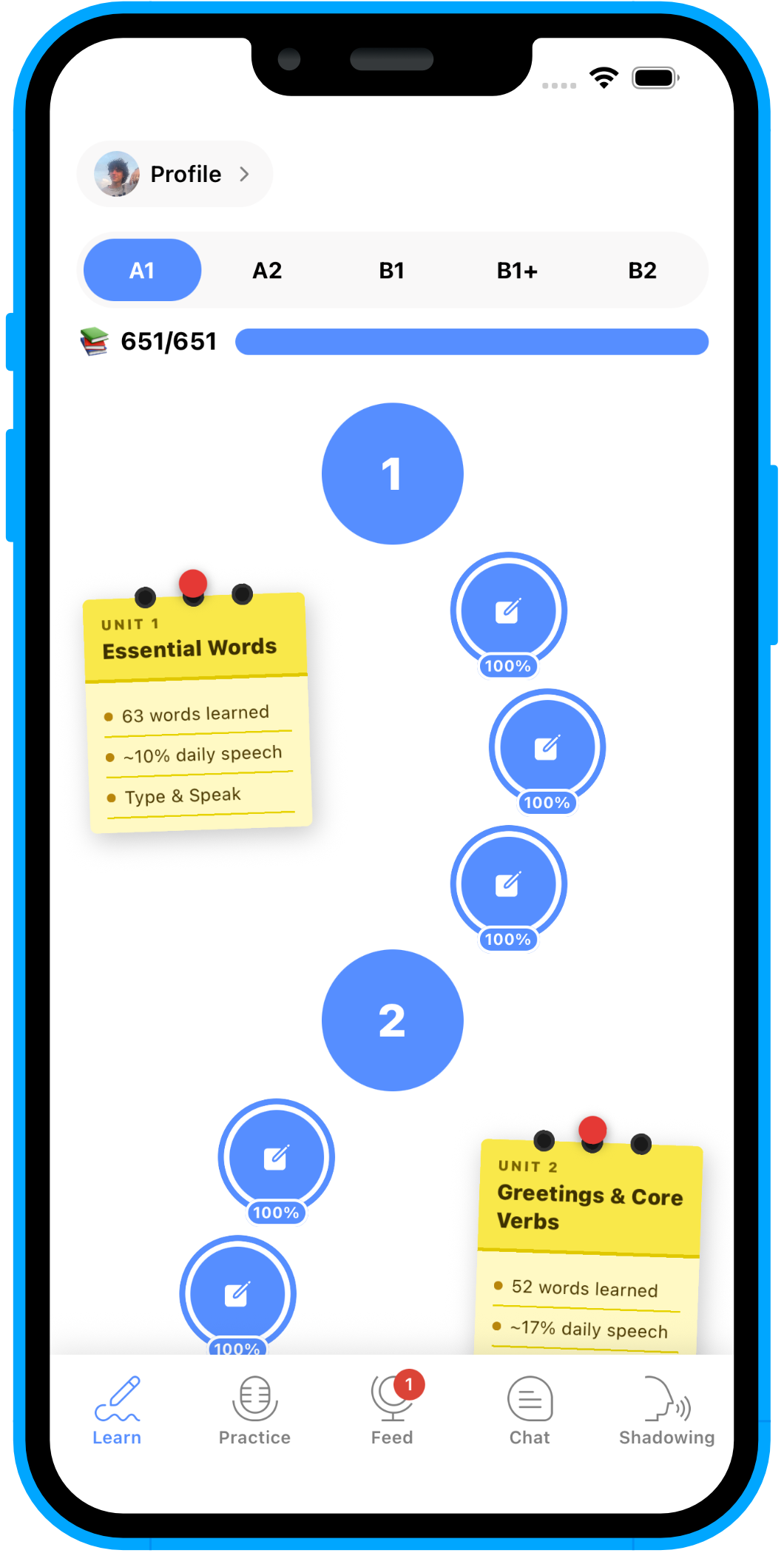 Catlangu Learn screen — vocabulary units and progress
