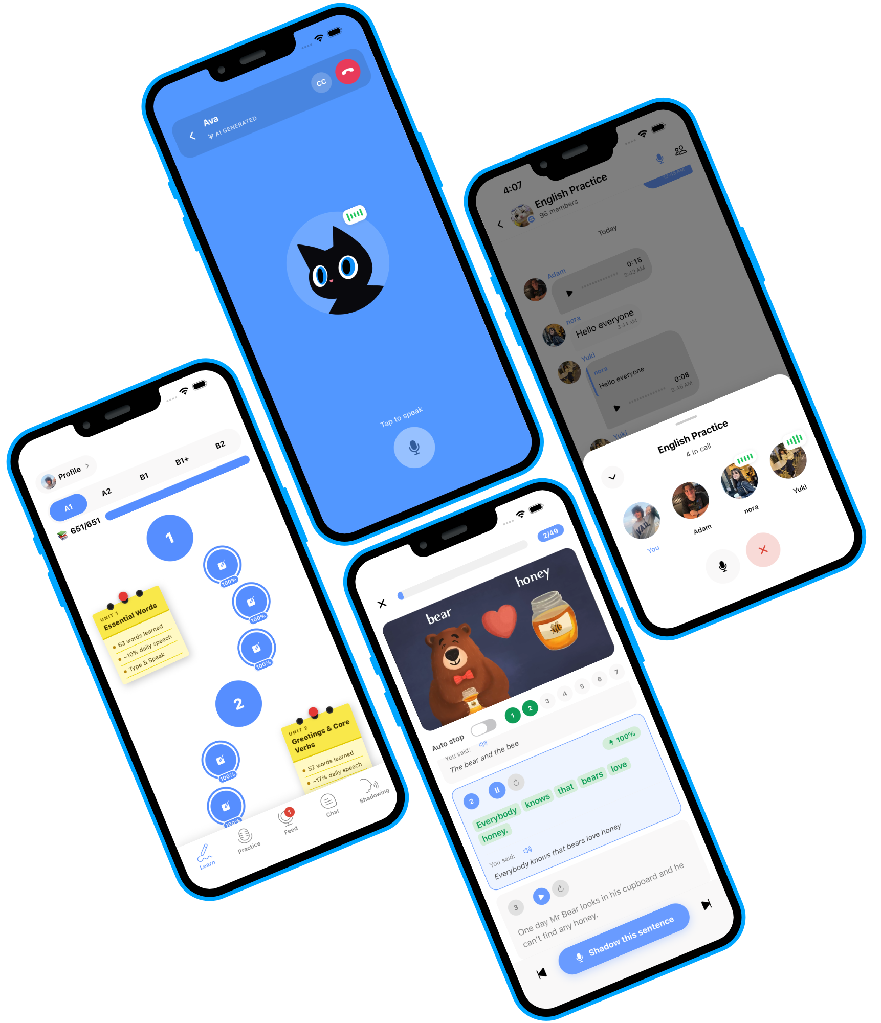 Catlangu app screens — vocabulary lessons, AI practice, and voice rooms
